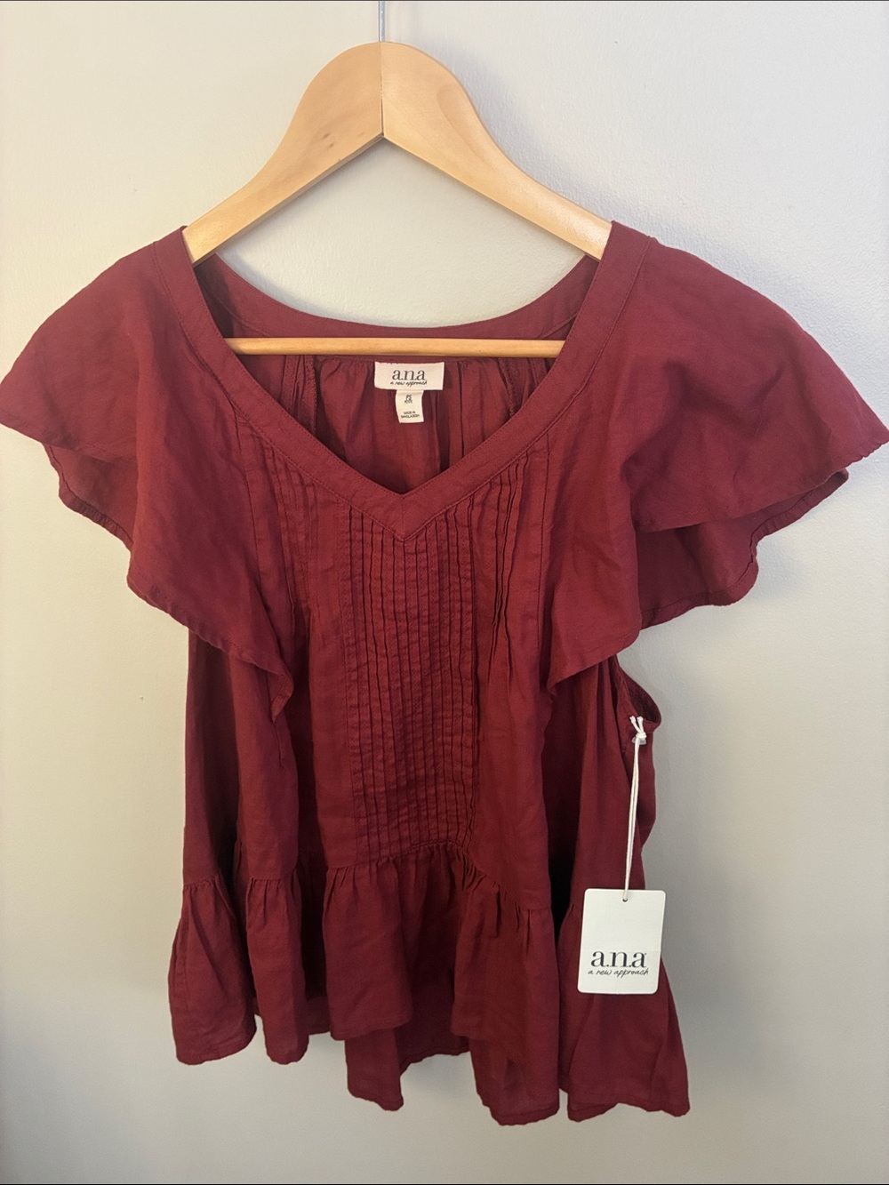 a.n.a Burgundy Pintuck Ruffle-Sleeve Blouse